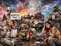 Дві дівчини та неземні істоти на тлі яскравої туманності біля уламків