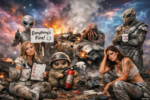 Дві дівчини та неземні істоти на тлі яскравої туманності біля уламків