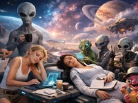 Дві дівчини та неземні істоти на тлі фантастичного запасного всесвіту