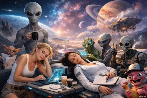 Дві дівчини та неземні істоти на тлі фантастичного запасного всесвіту