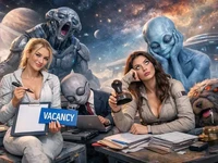 Дві жінки в космічному антуражі сидять серед документів і печаток