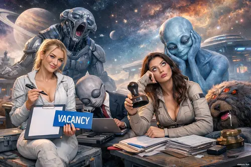 Дві жінки в космічному антуражі сидять серед документів і печаток