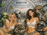 Дві жінки та кілька неземних істот позують у футуристичному космічному