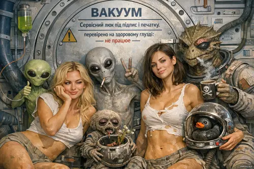 Дві жінки та кілька неземних істот позують у футуристичному космічному