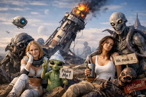 Дівчата та неземні істоти позують на тлі зламаного маяка