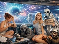 Дівчини та неземні істоти на борту корабля під час гіперстрибка