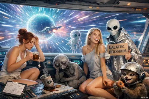 Дівчини та неземні істоти на борту корабля під час гіперстрибка