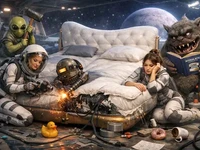 Дві дівчини в космічних костюмах ремонтують пошкоджене зоряне ліжко