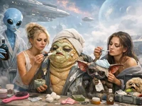 Дівчата доглядають неземних істот тлі міжгалактичного туману