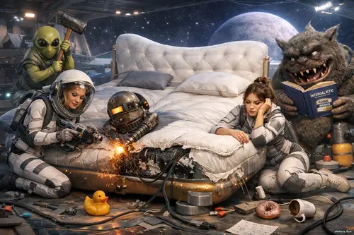 Дві дівчини в космічних костюмах ремонтують пошкоджене зоряне ліжко