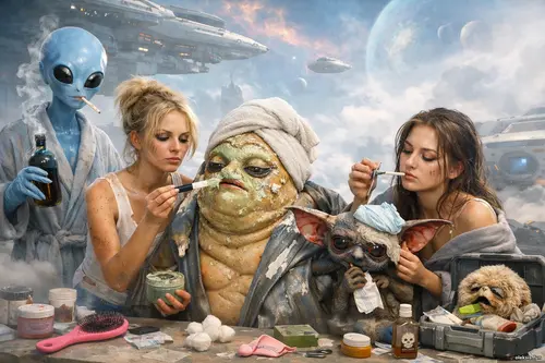 Туман без гриму Дівчата доглядають неземних істот тлі міжгалактичного туману