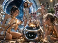 Логіка — мирний вибух (майже) під тиском порожнечі Яскрава 3D-сцена в космічній бібліотеці з дівчатами, неземними істотам