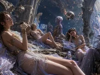 Дівчата та неземні істоти відпочивають серед розкішних космічних руїн