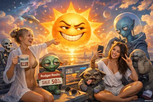 Дві дівчини та неземні істоти на космічній оглядовій палубі