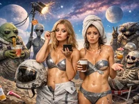 Дві дівчини серед кумедних неземних істот на фантастичній планеті