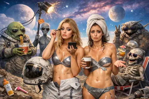 Дві дівчини серед кумедних неземних істот на фантастичній планеті