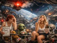 Дві дівчини та неземні істоти на тлі зруйнованого міста на уламках