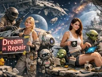 Дві дівчини серед уламків орбітального міста у космосі