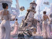 Зламаний маяк на вулиці міста з уламків орбіти, поруч дівчата