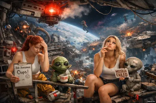 Дві дівчини та неземні істоти на тлі зруйнованого міста на уламках