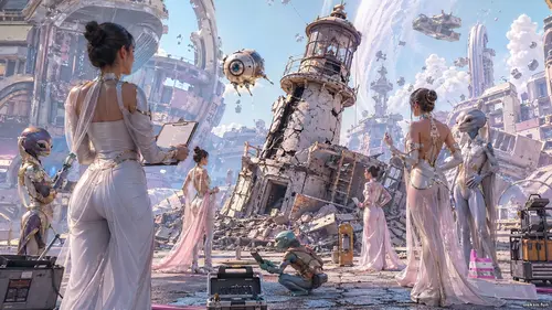 Зламаний маяк на вулиці міста з уламків орбіти, поруч дівчата