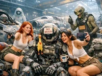 Дві дівчини роблять селфі біля зламаного робота в депо