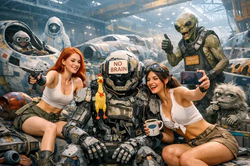 Дві дівчини роблять селфі біля зламаного робота в депо