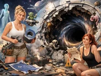 Дві дівчини та неземні істоти ремонтують пошкоджену космічну конструкц