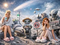 Дві дівчини та неземні істоти на поверхні комети серед кометного пилу