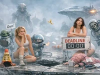 Дві дівчини на затуманеному космічному плацдармі серед неземних істот