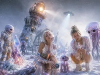 Зламаний космічний маяк у крижаній зоні серед кометного пилу, дівчата