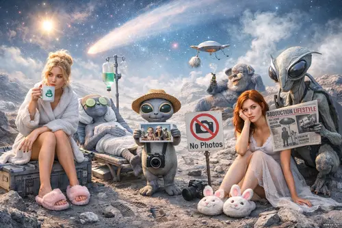 Дві дівчини та неземні істоти на поверхні комети серед кометного пилу