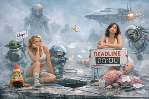 Дві дівчини на затуманеному космічному плацдармі серед неземних істот