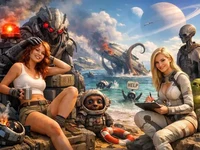 Дві усміхнені дівчини серед уламків у космічній бухті