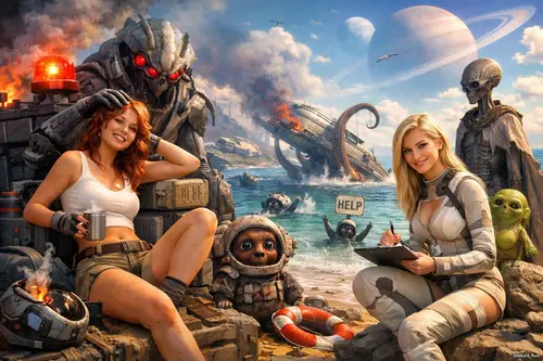 Дві усміхнені дівчини серед уламків у космічній бухті