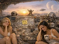 Світанок у космічному архіві: дві дівчини біля зношеної панелі корабля