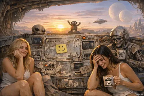 Світанок у космічному архіві: дві дівчини біля зношеної панелі корабля