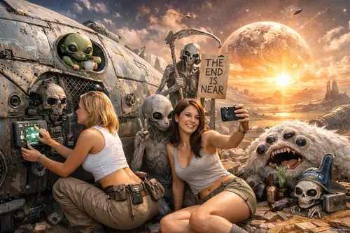 Яскраве 3D фото: дві дівчини та інопланетяни біля старого зорельота