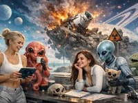 Дві дівчини та кумедні неземні істоти в космічній лабораторії