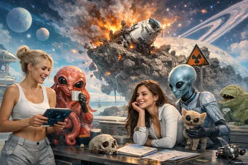 Дві дівчини та кумедні неземні істоти в космічній лабораторії