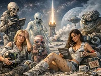 Дві дівчини та кілька неземних істот серед уламків на космічному