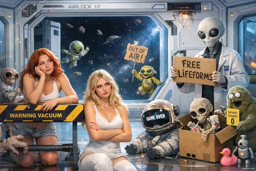 Мовчазний шлюз космічної станції з двома дівчатами