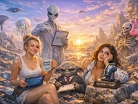 Дві дівчини та неземні істоти серед фантастичних руїн на світанку