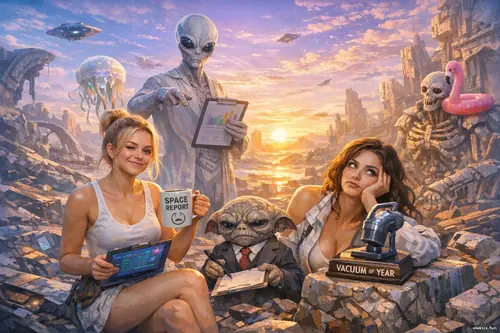 Дві дівчини та неземні істоти серед фантастичних руїн на світанку