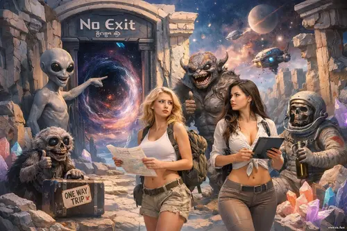 Вхід без виходу та курс: без права на повернення Дві дівчини з картою та планшетом стоять серед космічних руїн