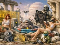 Дві дівчини в напівгламурній позі серед руїн космічної карантинної зон