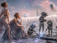 Дві жінки та інопланетні техніки ремонтують іскристий кабель на світлі