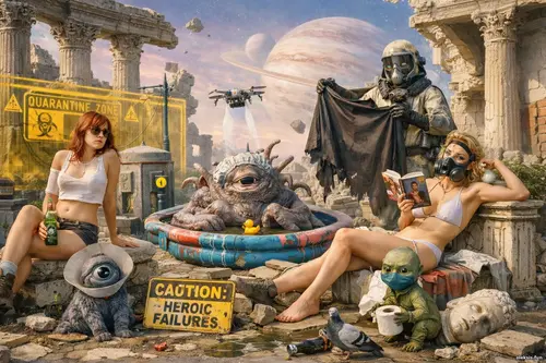 Дві дівчини в напівгламурній позі серед руїн космічної карантинної зон