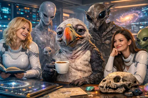 Дівчини в білих футуристичних костюмах у «Космічному архіві»