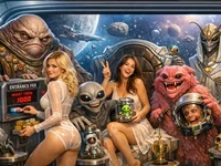 Дві усміхнені дівчини серед неземних істот і космічних трофеїв